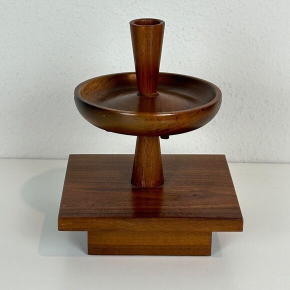 VTG Walnut Wood MCM Lazy Susan Candle Holder - Picture 1 of 7